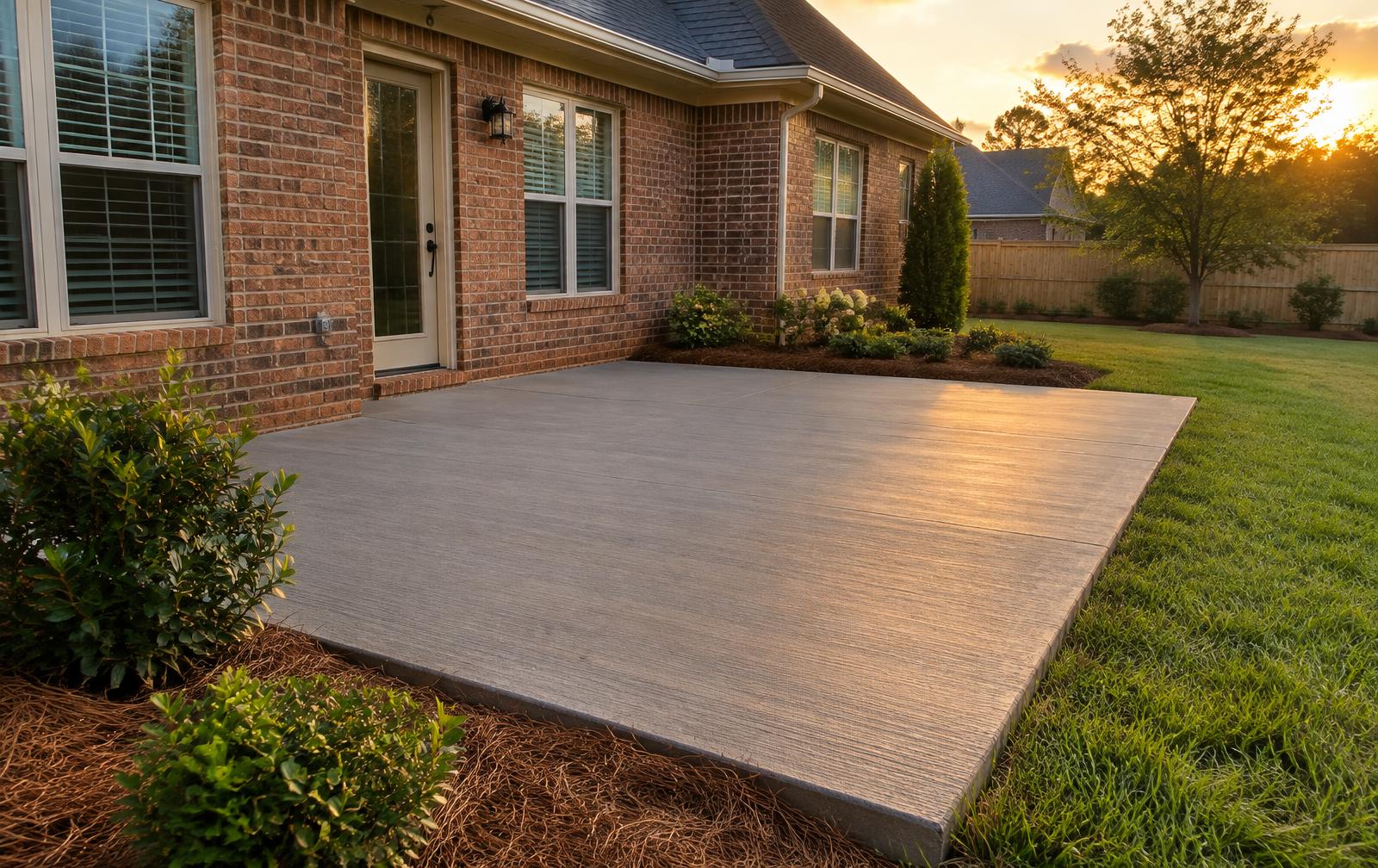 Custom concrete patio with landscaped beds